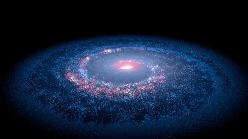 Deep space galaxy showing glowing violet nebulae and white star clusters across a dark cosmic background.
