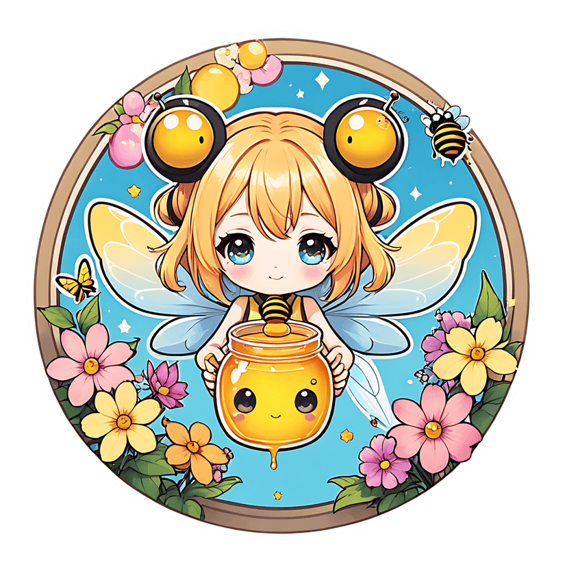 Bee fairy sticker holding a honey pot inside a floral frame. Character features blonde hair and blue sky.