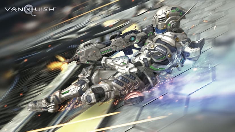 Soldier in silver power suit slides on a metallic floor while firing a rifle with sparks and motion blur effect.