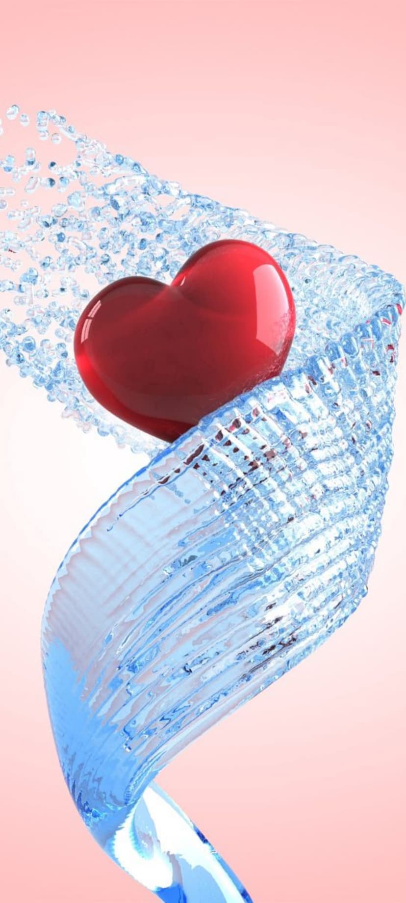 Glossy red heart encased in a swirling blue water vortex with droplets against a soft pink gradient background.