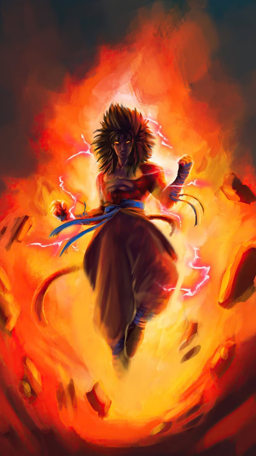 Goku in Super Saiyan 4 form with red fur and black hair surrounded by swirling orange fire and white lightning.