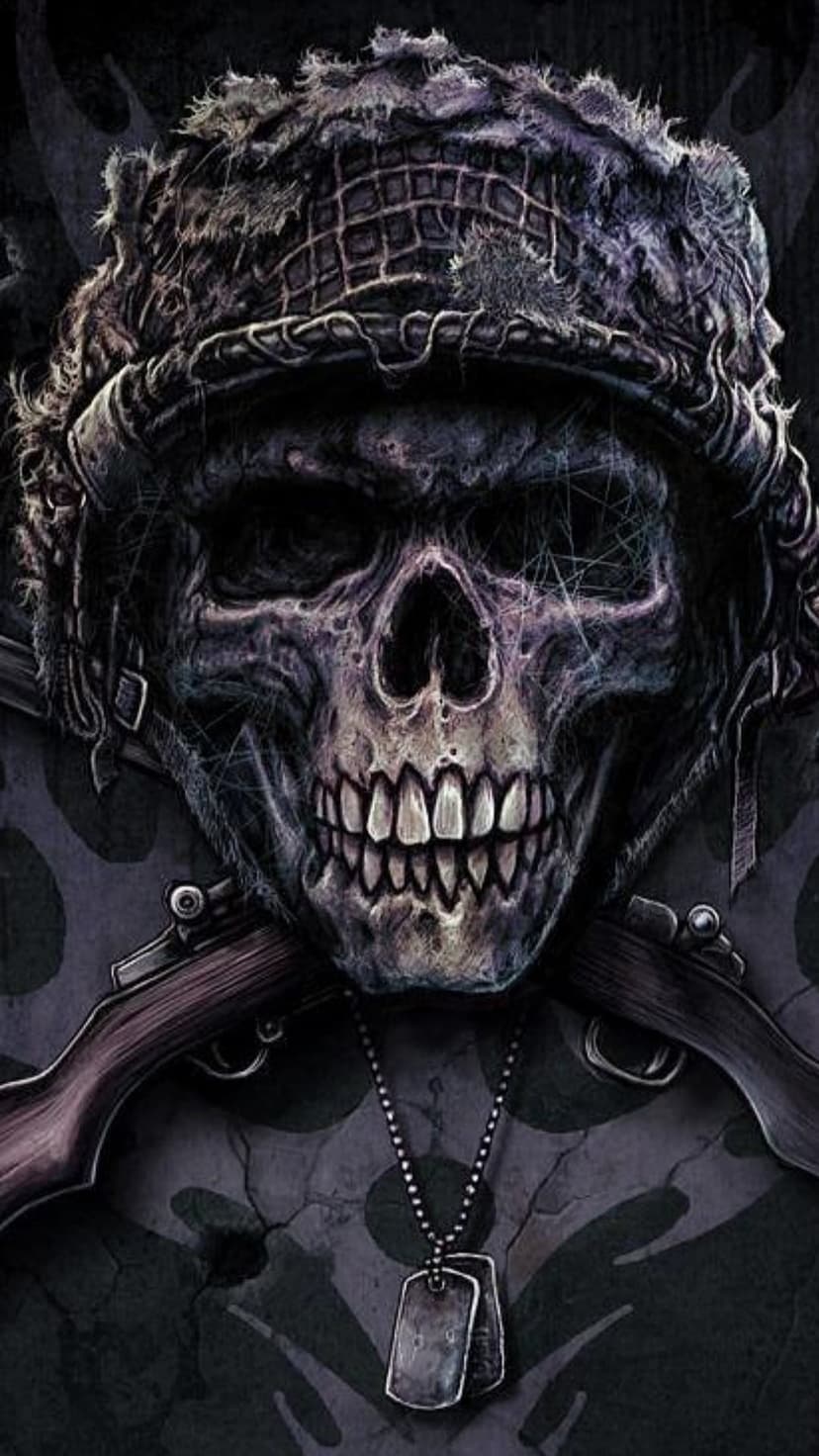 Skeletal soldier wearing a frayed tactical helmet with dog tags and rifles against a dark camouflage pattern.