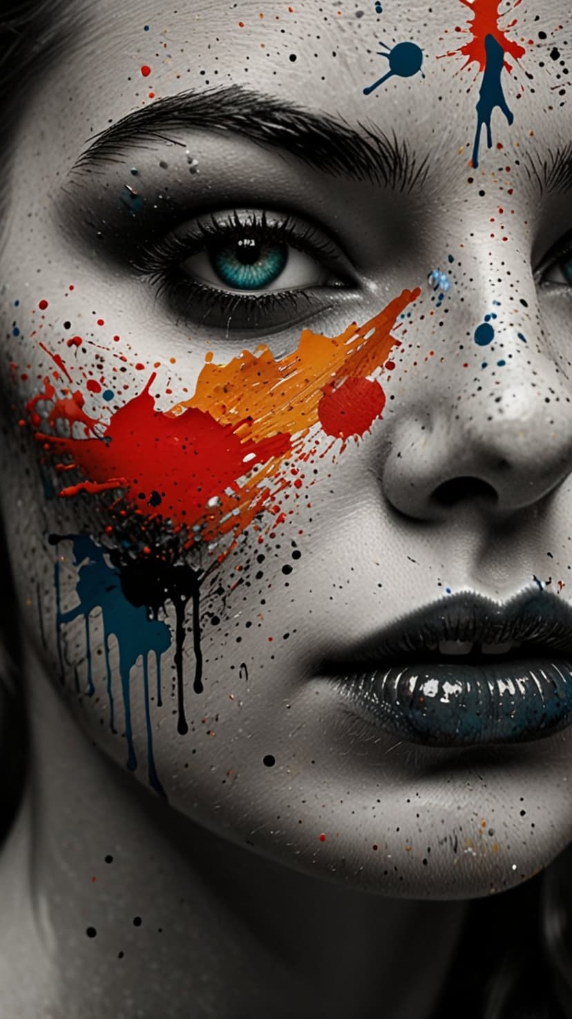 Woman with blue eyes and red and orange paint splatters on her face against a high-contrast dark background.