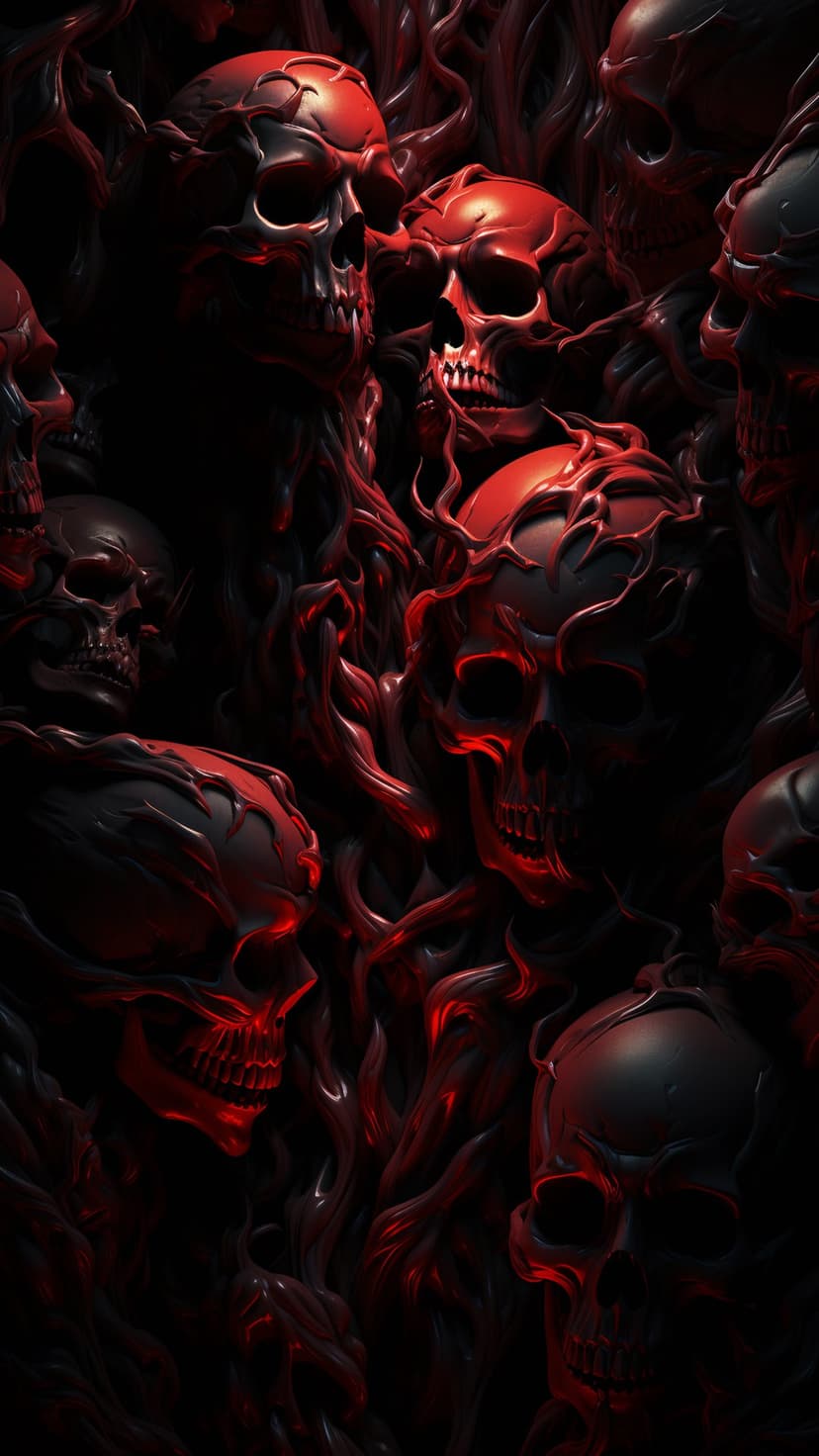 Human skulls entangled in glowing red organic roots and veins create a dark, high-contrast gothic scene.