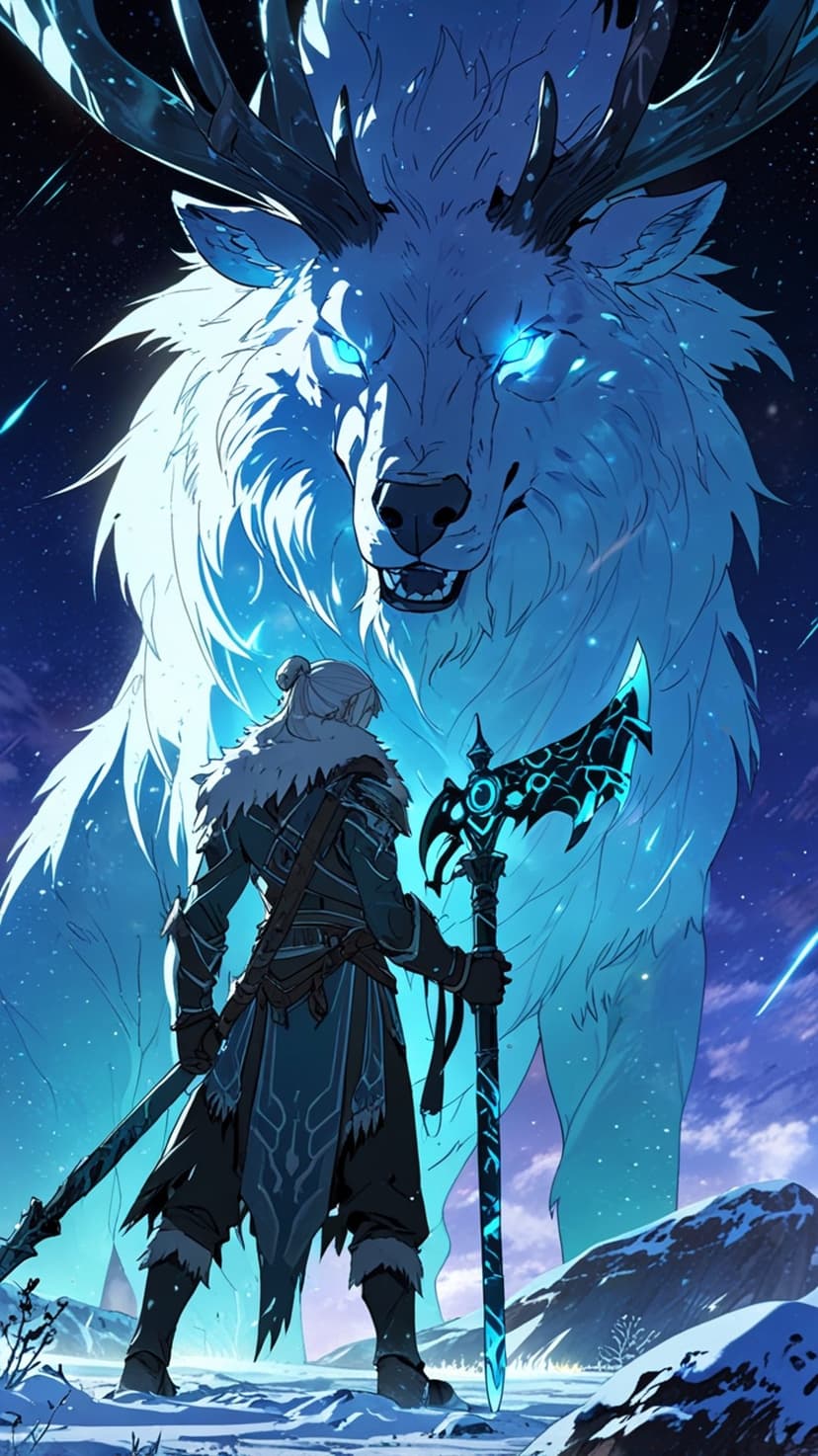 Fur-clad warrior holding a glowing blue spear faces a giant spectral ice wolf with antlers under a starry sky.