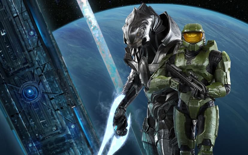 Master Chief and the Arbiter stand together with an assault rifle and energy sword against a planet background.