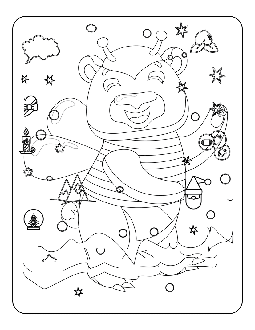 Bee coloring page outline features a character in a Santa hat surrounded by snowflakes and a snow globe.