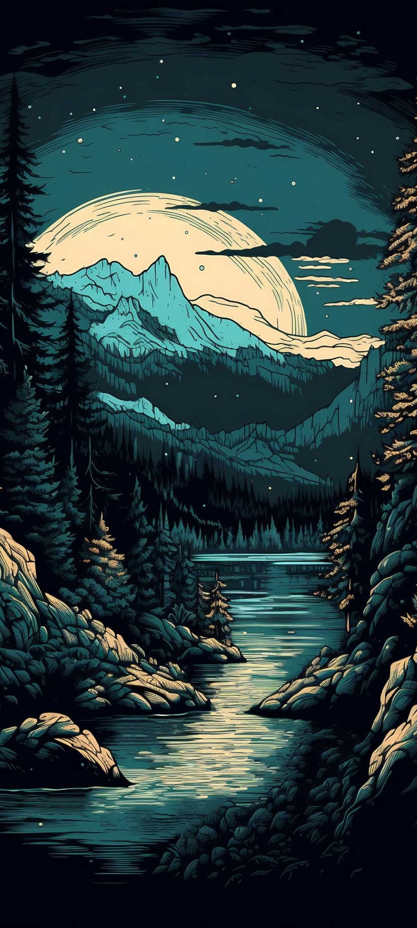 Full moon hangs over sharp mountain peaks and a dark pine forest reflecting in the glass-like lake water.