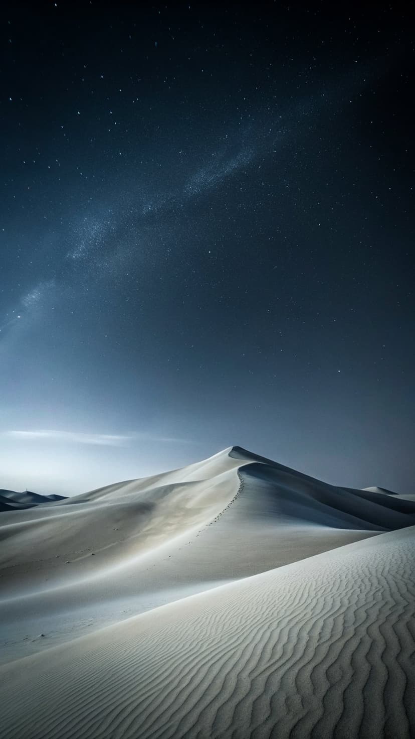 Sand dunes with textured ripples sit beneath a vibrant Milky Way galaxy and a star-filled deep blue night sky.
