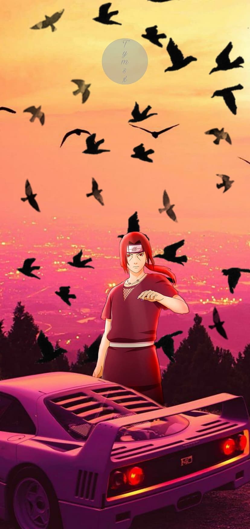 Red-haired man in a black jacket stands by a purple supercar while birds fly across a vibrant sunset cityscape.