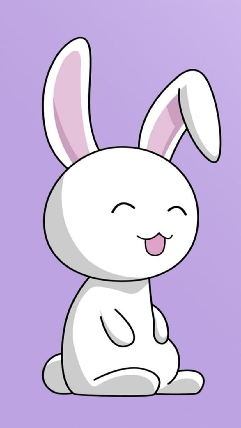 White bunny with pink ears and a happy smile sits against a solid purple background with its paws raised.