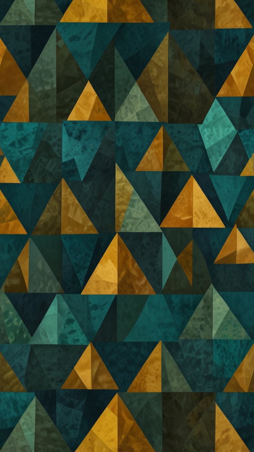 Teal and gold triangles interlock in a geometric tessellation with a subtle grainy texture and sharp edges.