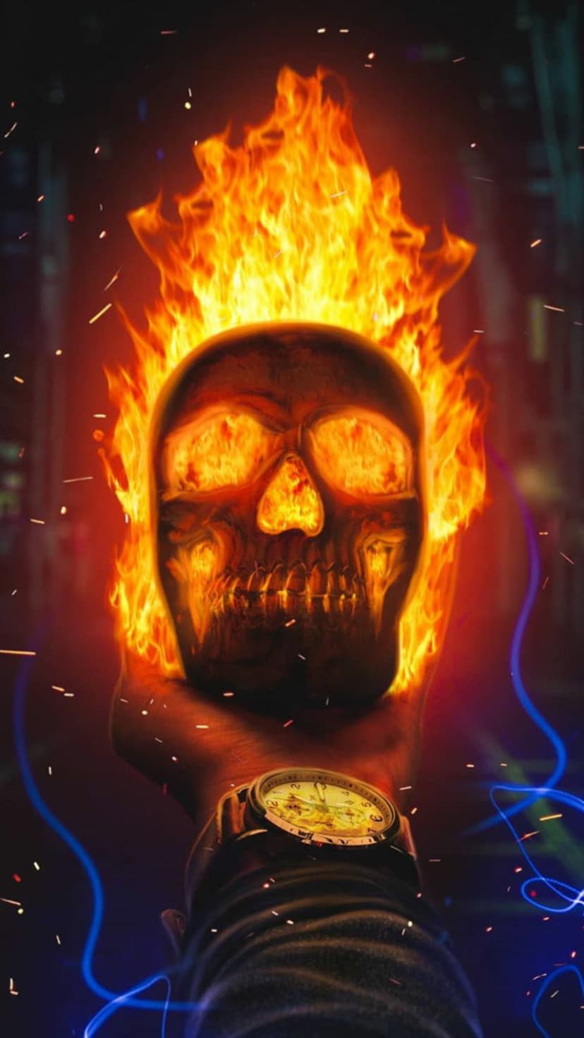 Flaming skull held by a hand wearing a watch, surrounded by blue energy swirls and glowing fire embers.