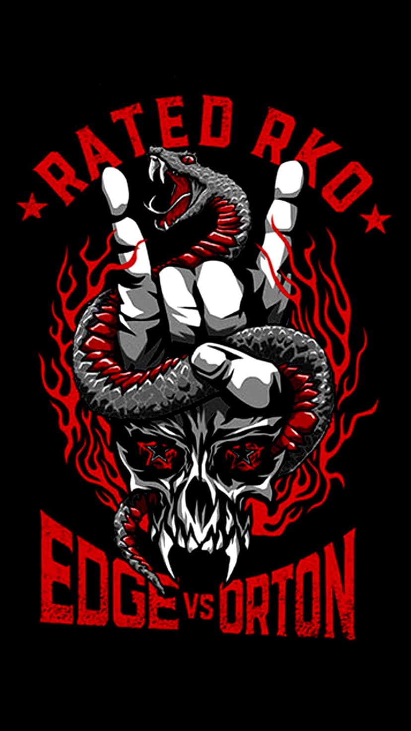 Snake coiled around a human skull with the Rated RKO logo and Edge vs Orton text over fiery red embers and flames.