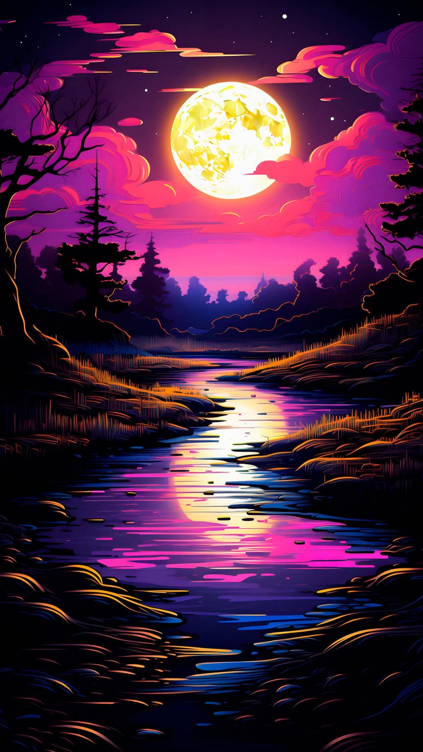 Large full moon hanging over a dark river in a dense forest with vibrant pink reflections on the water.