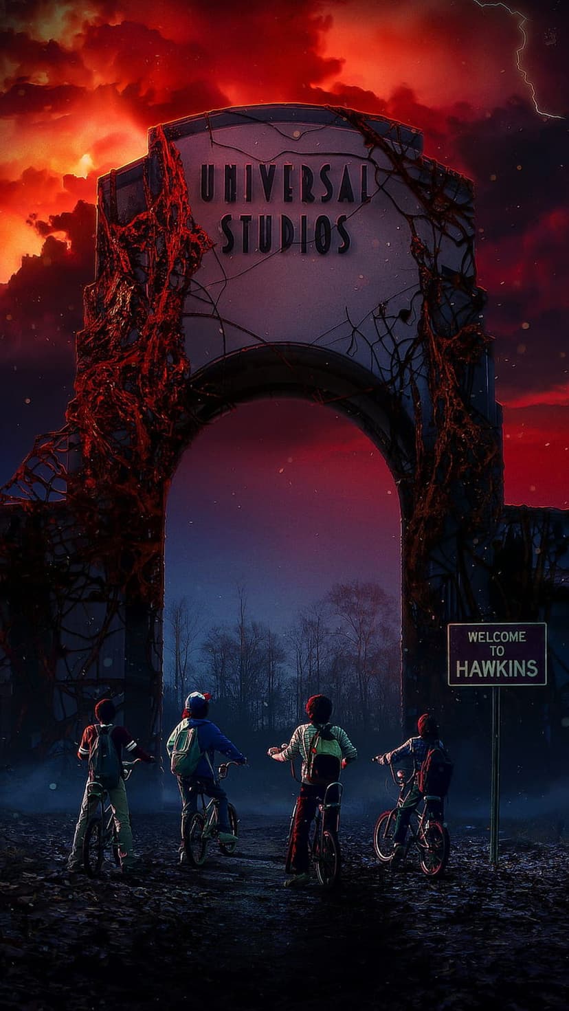 Four kids on bicycles face a glowing Universal Studios archway covered in thorny vines under a red stormy sky.