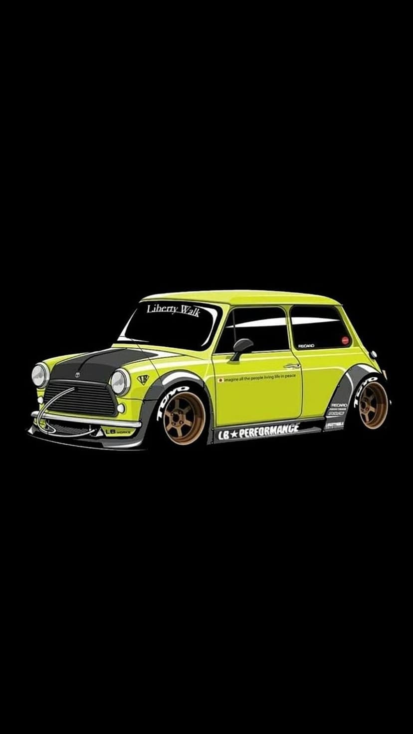 Yellow Mini Cooper with widebody fenders, slammed suspension, and bronze rims against a solid black background.