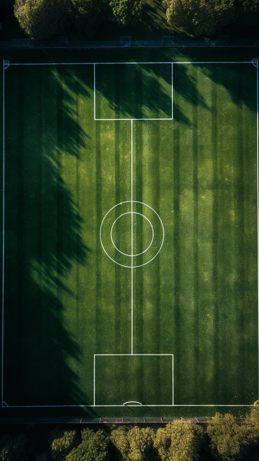 Soccer field with white boundary lines viewed from above as long morning shadows stretch across the green turf.