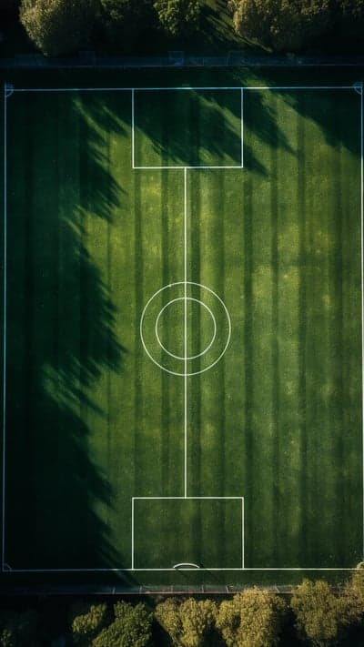 Aerial View of Empty Green Soccer Field at Sunrise