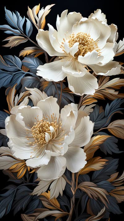 Luxurious White Peonies with Golden Accents and Dark Foliage