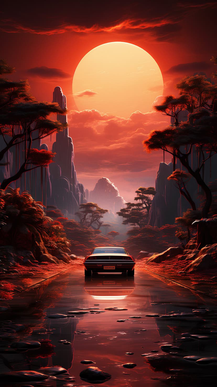 Retro car on a wet road driving toward a massive red sun with dark cliff silhouettes and orange sky reflections.