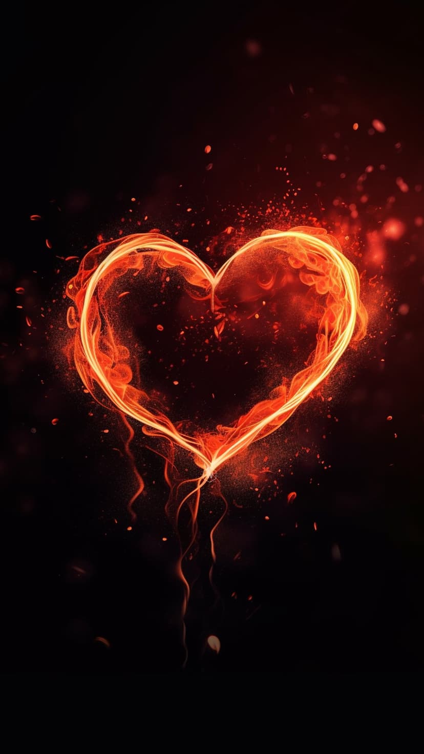 Vibrant orange and red flames form a heart shape with drifting sparks against a solid black background.