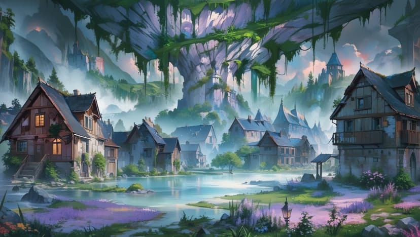 Rustic village houses sit near a calm lake under a massive ancient tree with hanging moss and purple wildflowers.