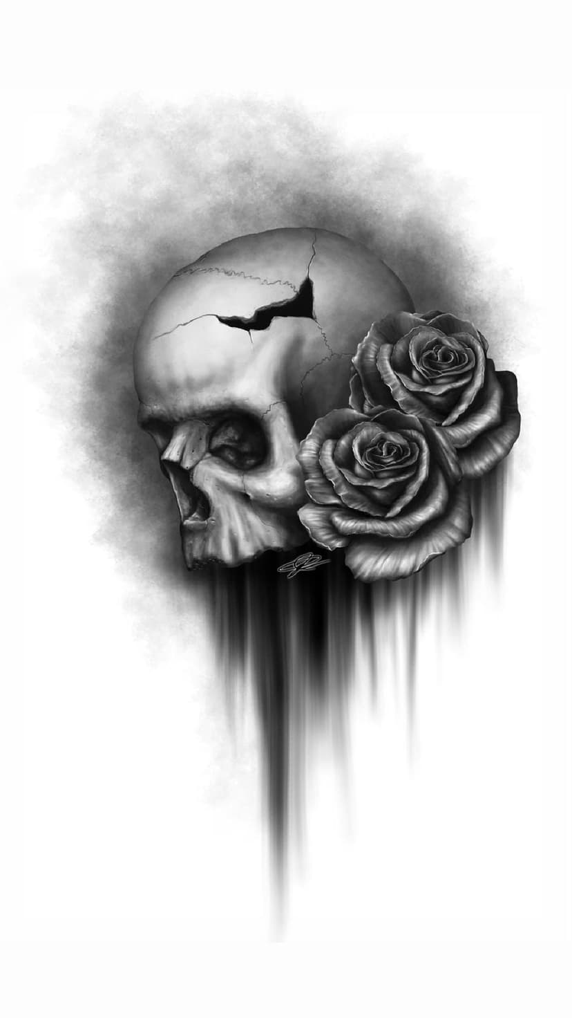 Human skull with cracked textures and dark roses featuring liquid drips against a smoky black background.