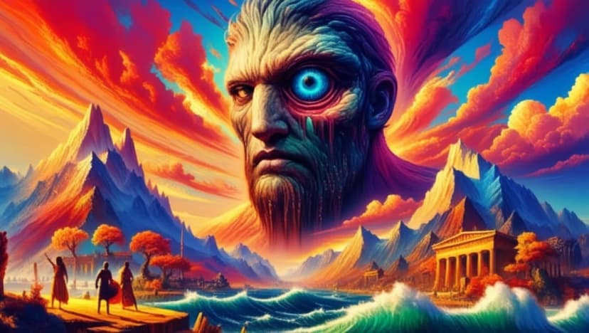 Immense titan with a glowing blue eye looms over a turquoise sea, rocky cliffs, and a small classical temple.