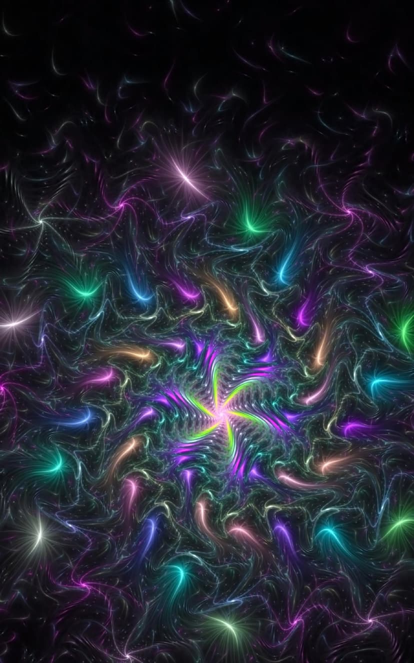 Swirling neon fractal patterns with glowing purple and green filaments spiraling across a dark cosmic void.