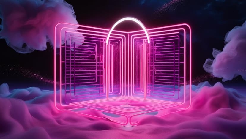 Luminous pink geometric portal floating amidst swirling purple clouds and dense, glowing ethereal mist.