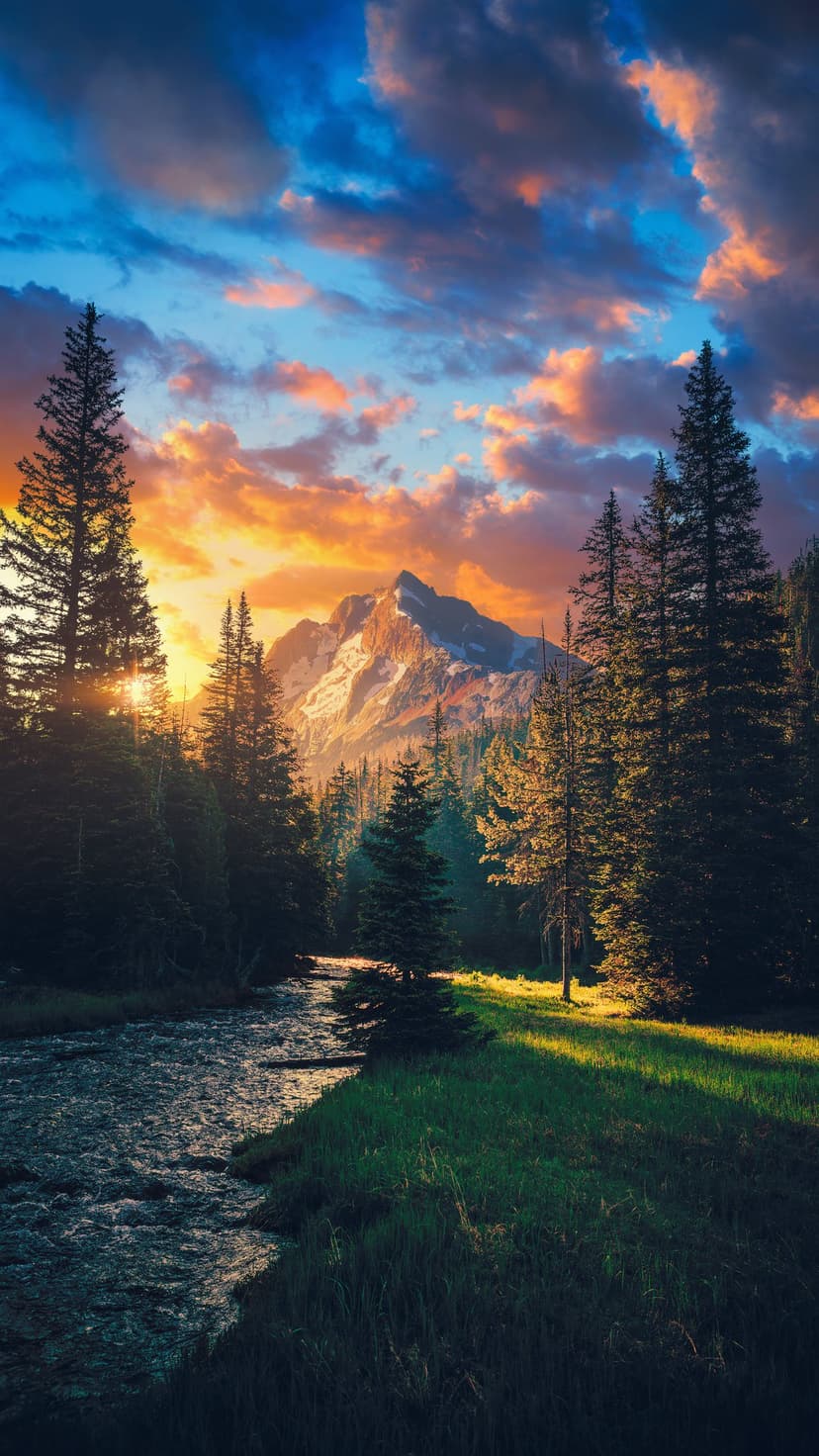 Snow-capped peak rises above an evergreen forest and a reflective river during a vibrant orange and blue sunset.