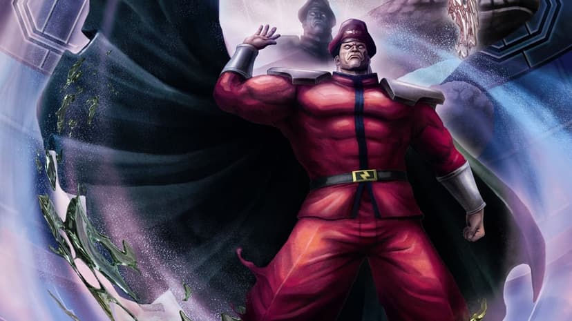 M. Bison in red military armor with a ghostly visage behind him and swirling green and purple energy effects.