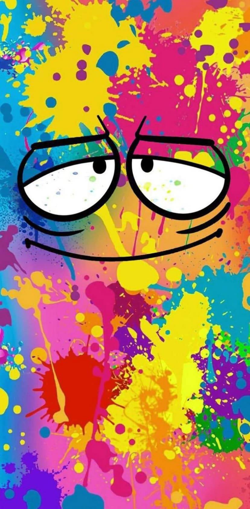 Smirking cartoon face with heavy lids surrounded by chaotic pink, blue, and yellow paint splatters.