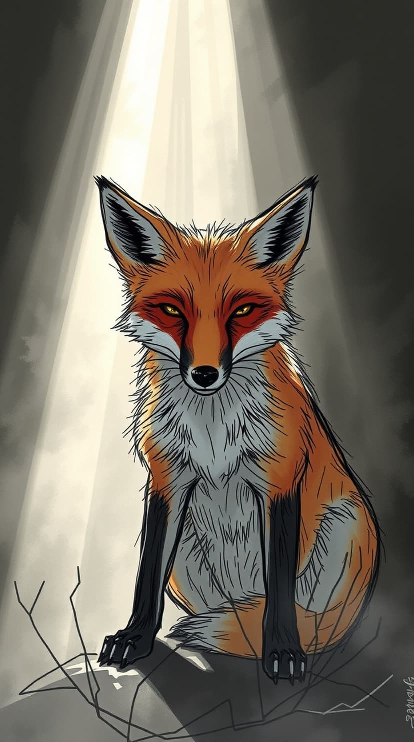 Red fox with glowing yellow eyes sits under a spotlight in a dark forest setting with foreground branches.