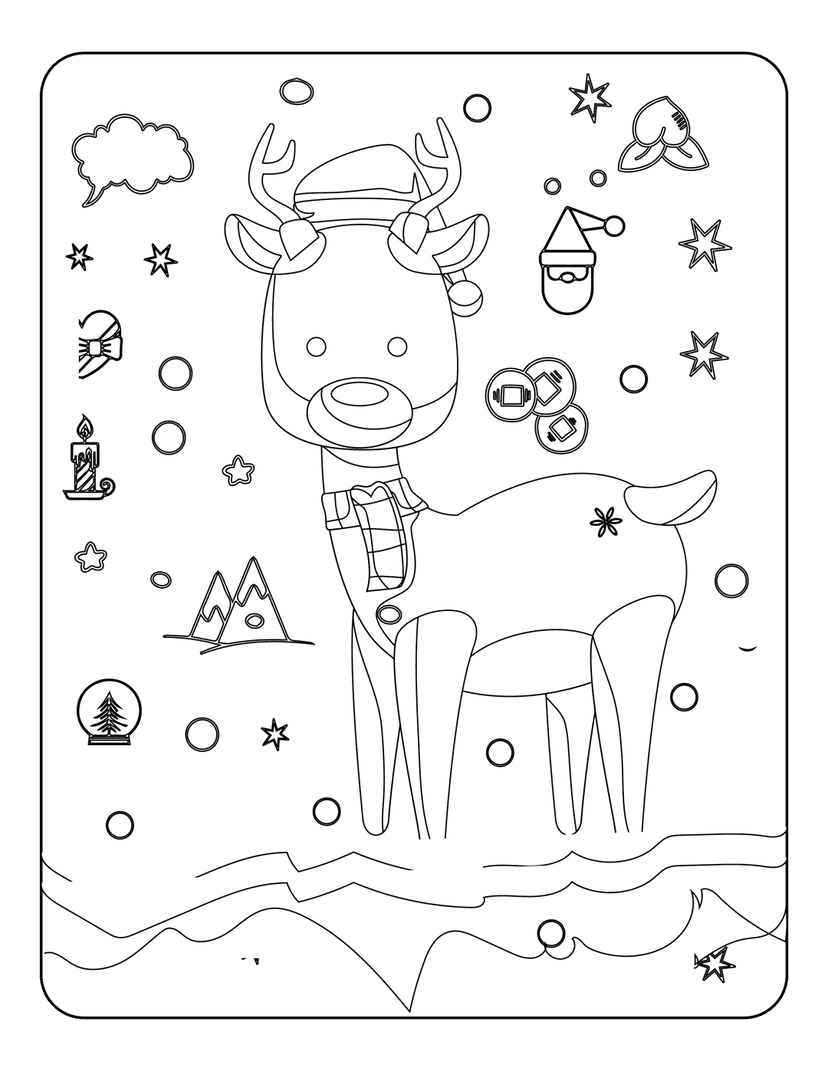Reindeer Christmas coloring page featuring a character with a Santa hat surrounded by snowflakes and a snow globe.