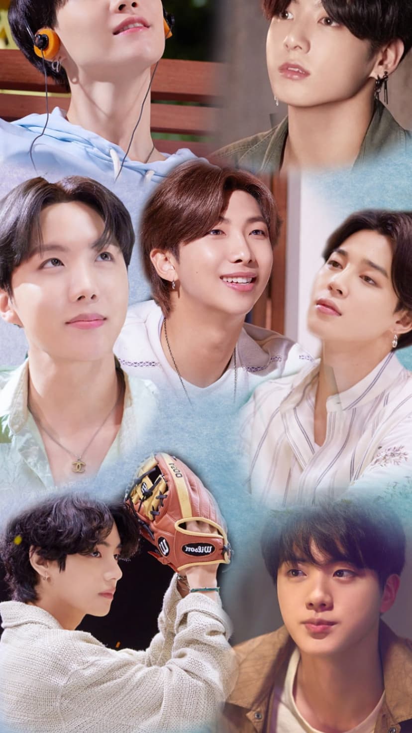 Jin, Suga with headphones, J-Hope, RM, Jimin, V holding a baseball glove, and Jungkook in a portrait montage.