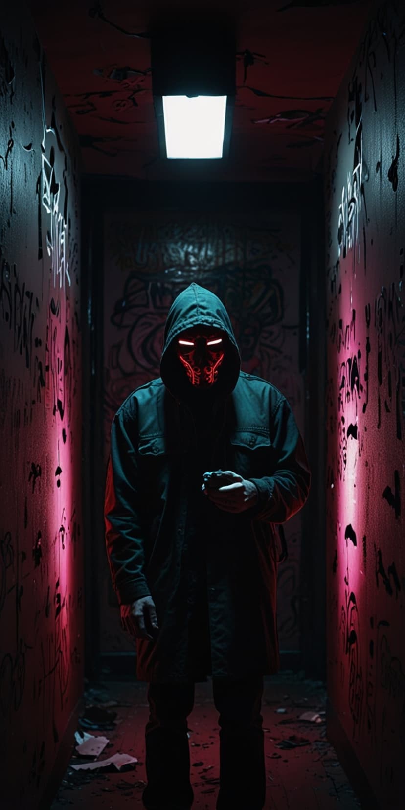 Hooded person with glowing red eyes stands in a dark alley illuminated by pink and blue neon lights and graffiti.