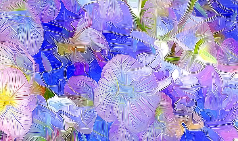 Stylized cobalt and violet flowers with swirling petals and yellow accents arranged in a dense vertical pattern.