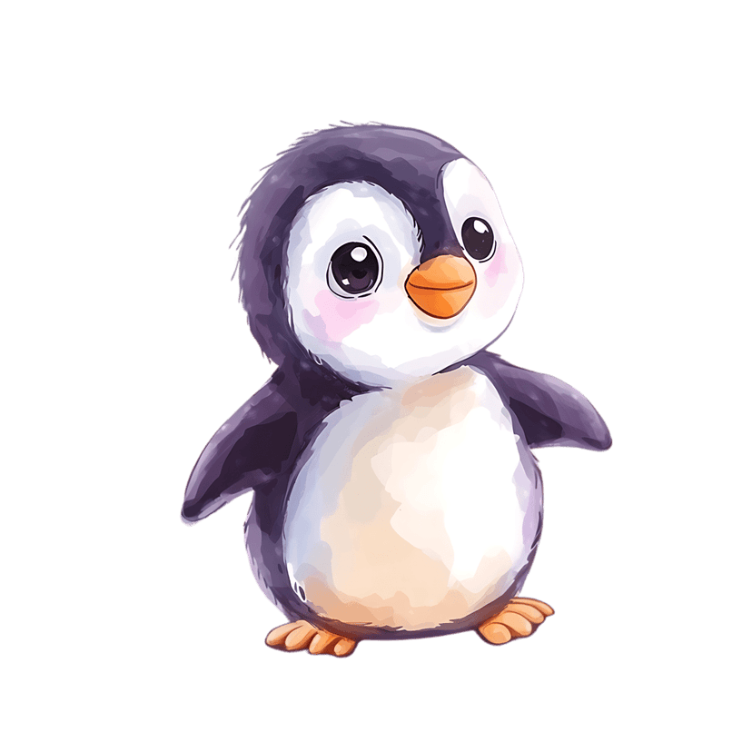 Baby penguin watercolor painting with orange beak and pink cheeks centered on a solid black background.