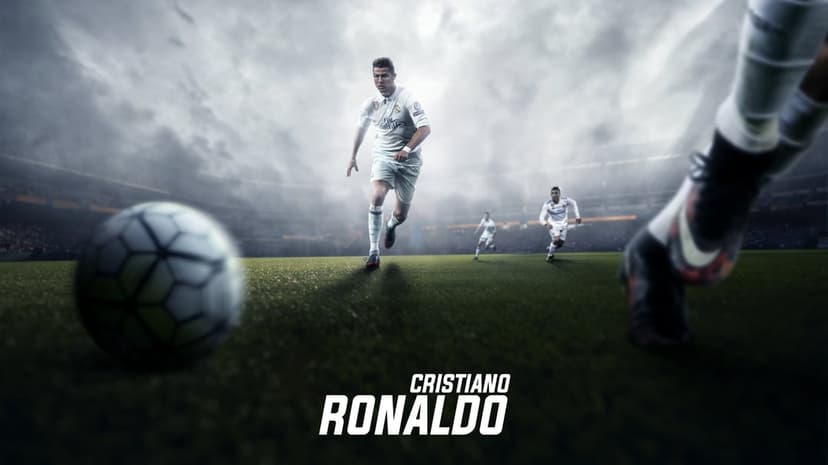 Cristiano Ronaldo runs across a soccer field with a ball under bright stadium lights and a cloudy night sky.
