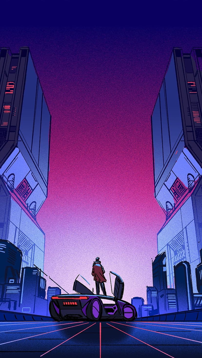 Person standing on a sleek sports car with open doors in a neon cyberpunk street under a purple sky.