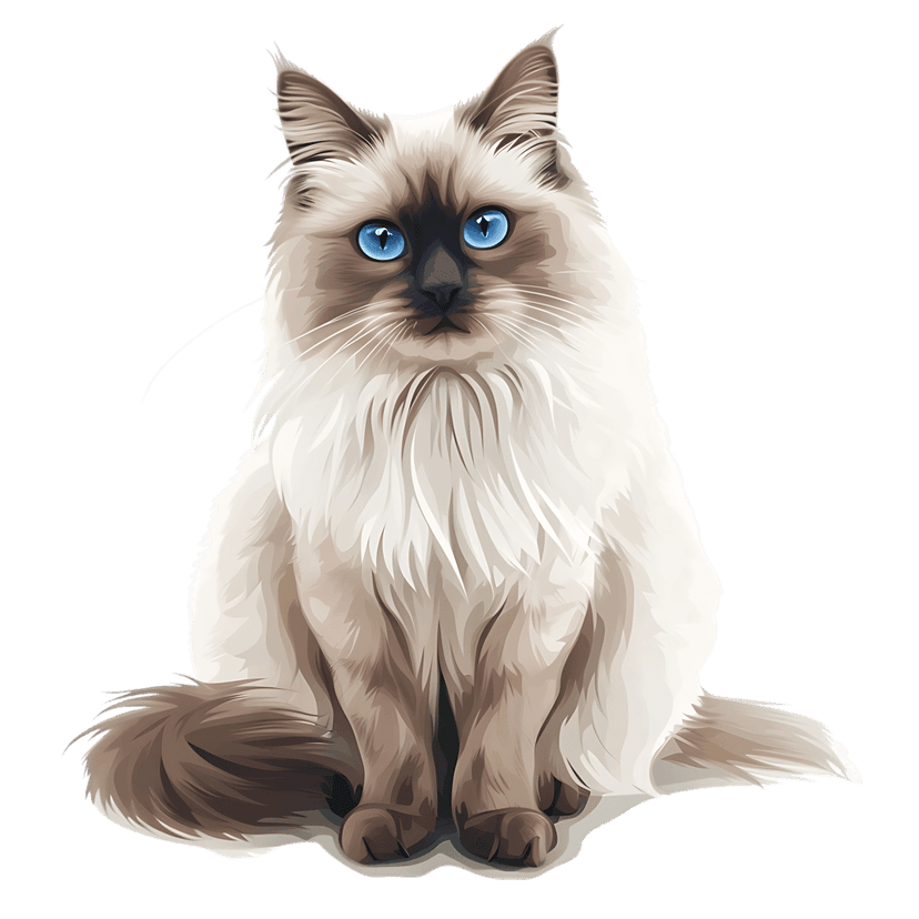 Birman cat digital illustration with cream fur and dark points sitting regally with piercing blue eyes on black.