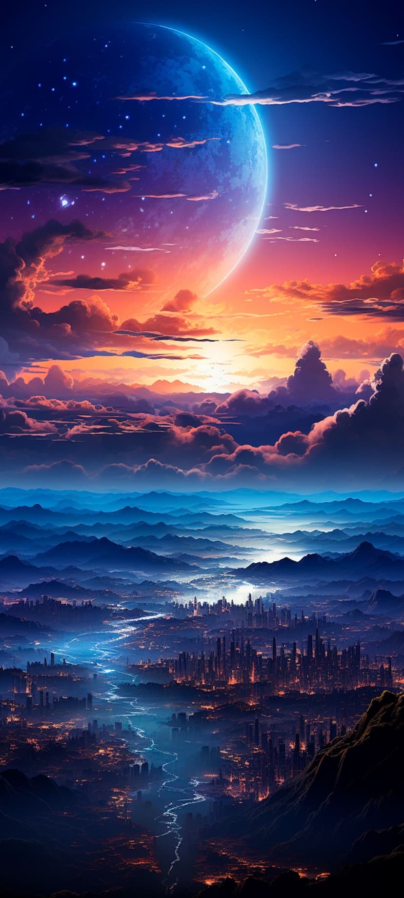 Futuristic city with glowing blue energy rivers under a massive moon and orange sunset sky with purple clouds.