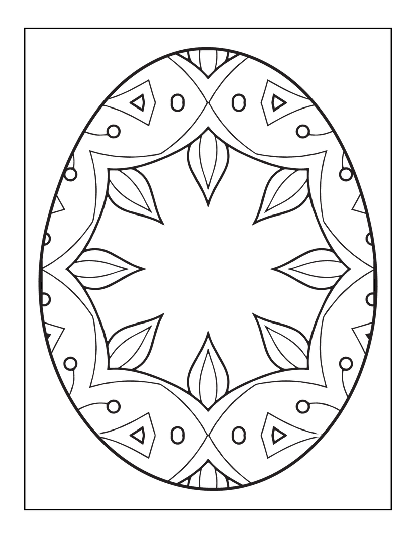 Easter egg mandala line art featuring intricate floral patterns and symmetrical geometric shapes in black ink.