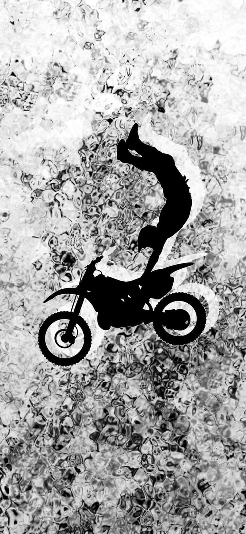 Motocross rider performs an airborne flip silhouette against a textured, light gray abstract background.