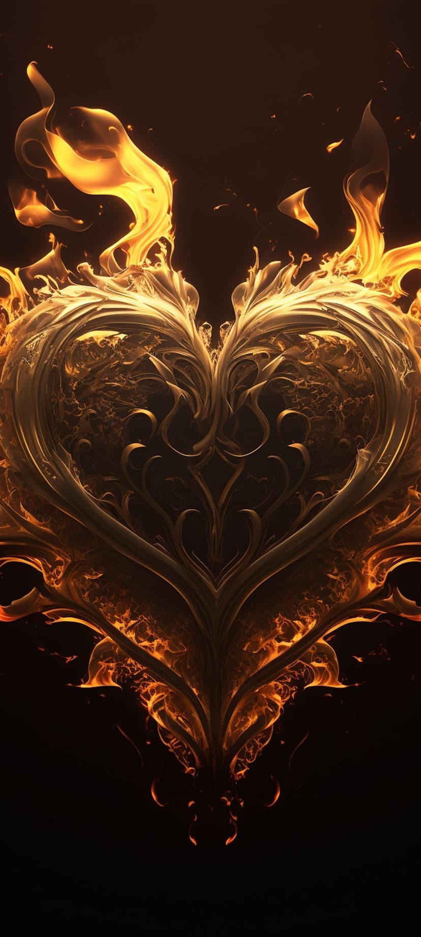 Golden heart ornament with intricate filigree patterns engulfed in orange flames against a dark background.
