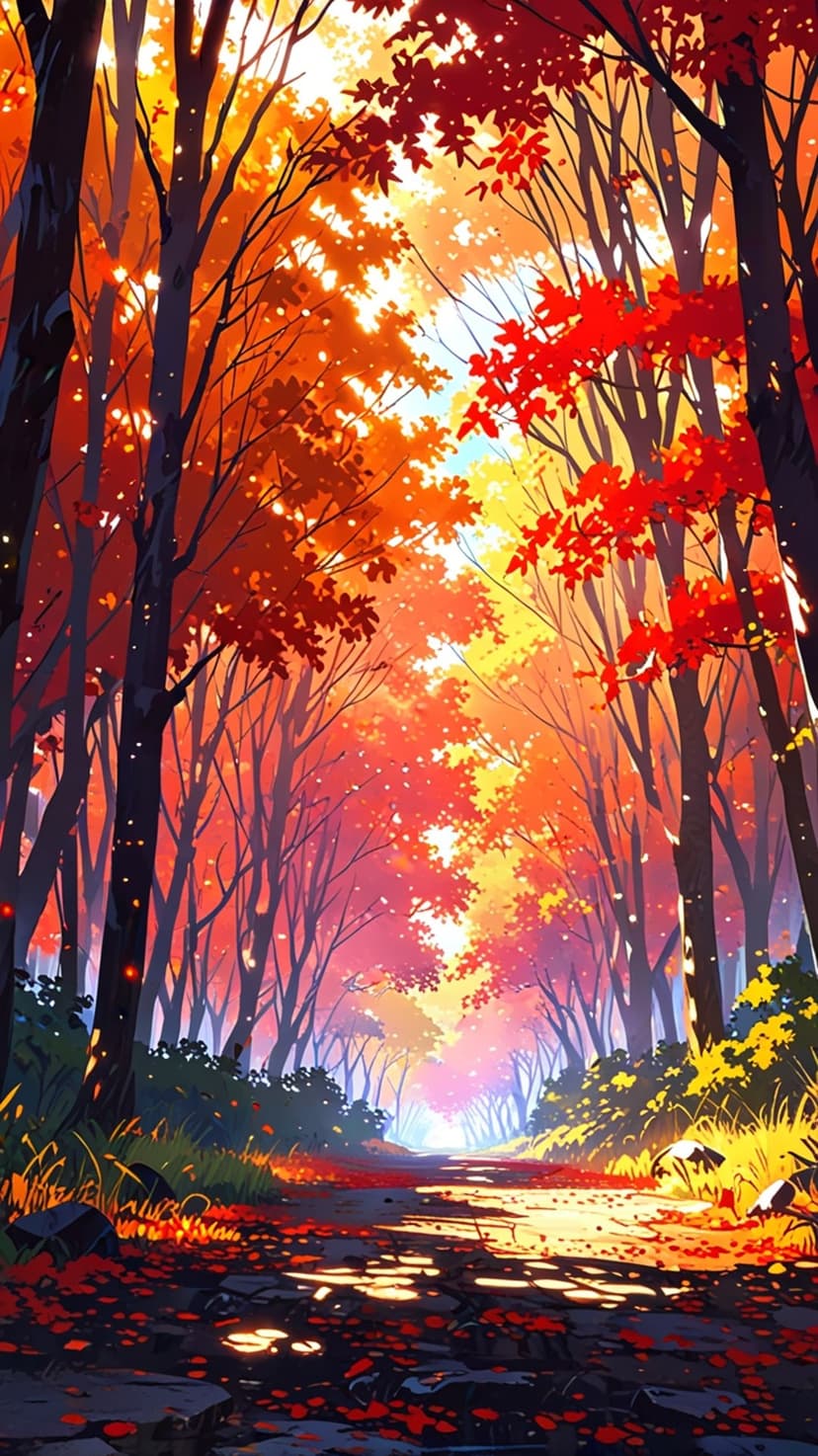 Sun-drenched forest path lined with red and gold trees and a thick carpet of fallen autumn leaves on the ground.
