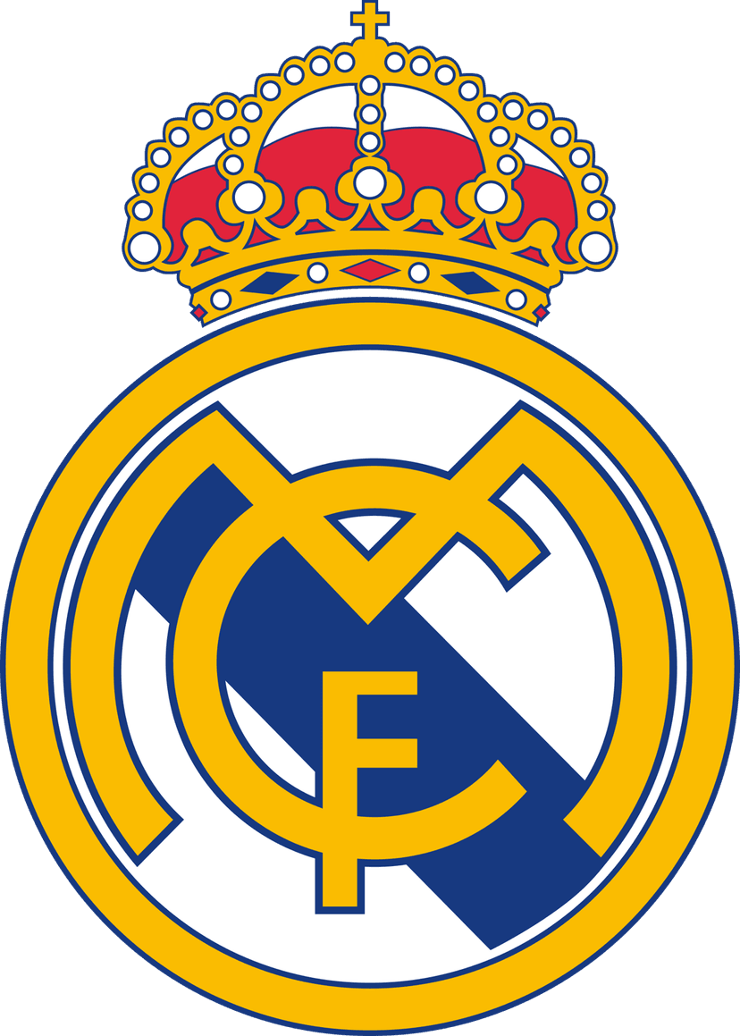Real Madrid crest featuring a golden crown above a circular monogram shield with a diagonal blue sash stripe.