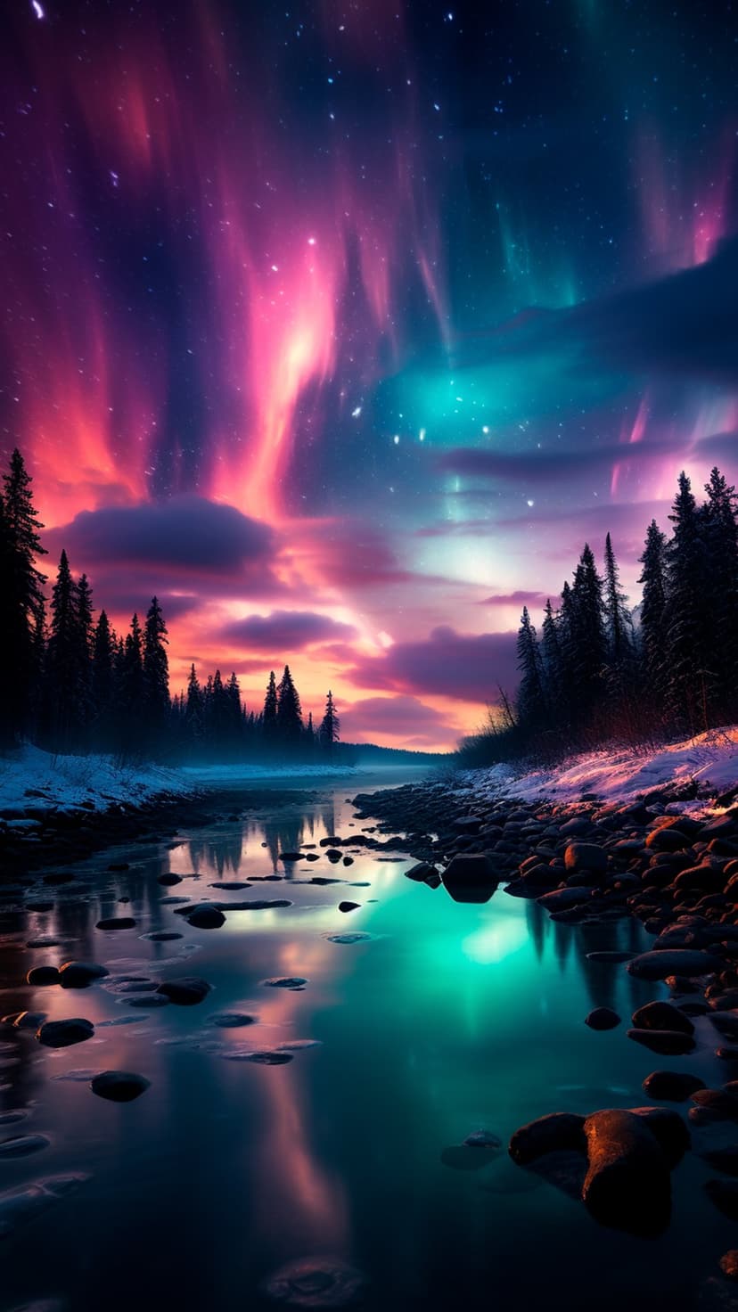 Pink and teal northern lights shimmer over a frozen river and silhouetted pines in a snowy arctic landscape.